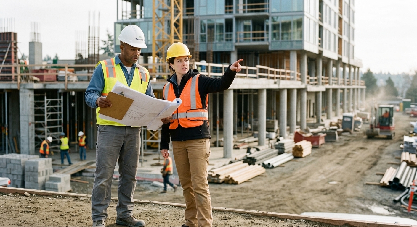 Two construction professionals reviewing plans at a building site