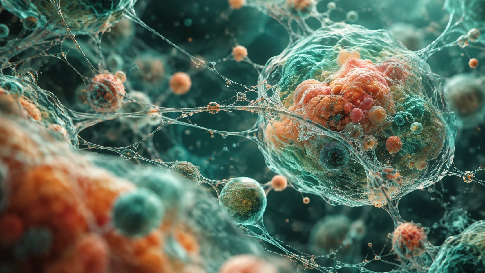 Generated conceptual biological cell structures in teal and coral