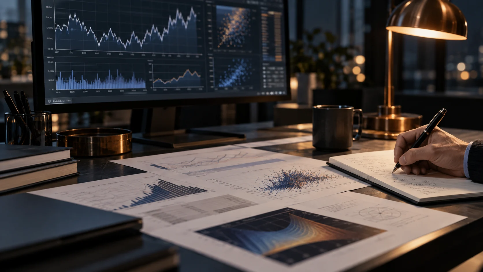 Conceptual quantitative research desk with printed plots, analytical displays and an analyst’s hand; no face is shown